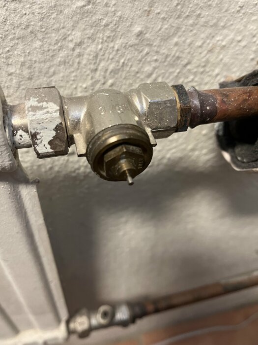 Närbild av en okänd radiatorventil i behov av en passande termostat.