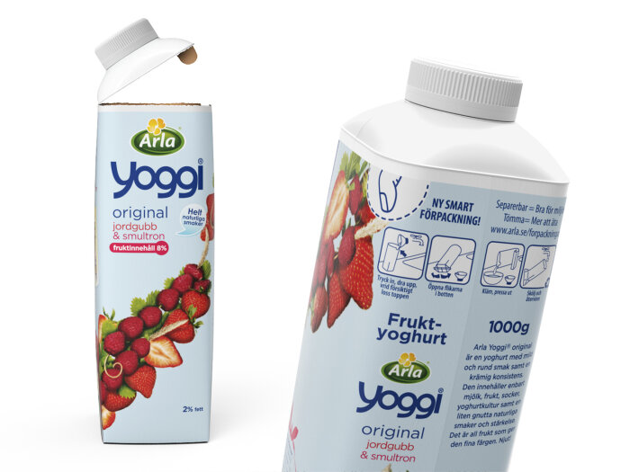 Två förpackningar av Arla Yoggis jordgubb och smultronyoghurt, en med öppen plasttopp.