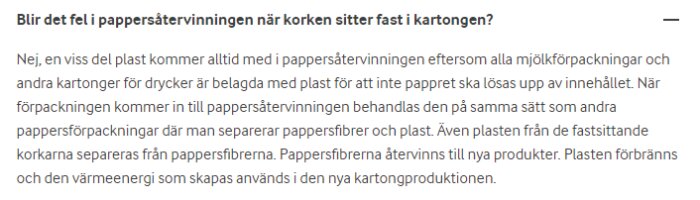 Texturtag från ett diskussionsforum om pappersåtervinning och separation av material i kartongförpackningar.