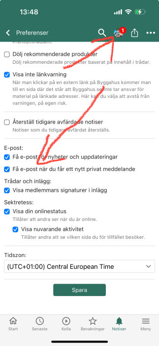 Skärmdump av foruminställningar med markerade alternativ och en notissiffra på en användaravatar.