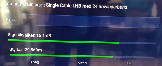 Skärmvisning av antenninställningar med signalkvalitet 15,1 dB och signalstyrka -29,5dBm.