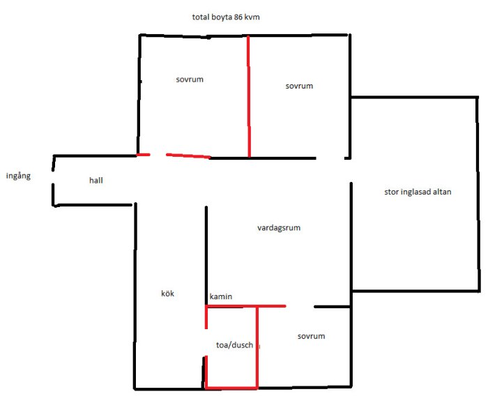 Enkel skiss över en våningsplanslayout med beteckningar för rum inklusive sovrum, badrum och vardagsrum.