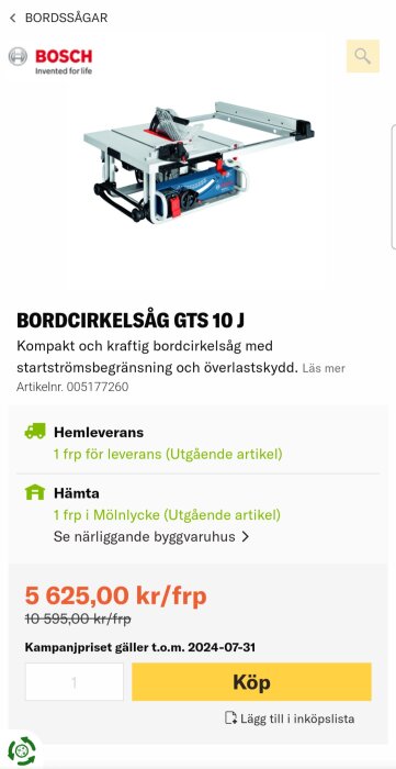 Bosch GTS 10 J bordsåg med utfällda bordserförlängningar och kompakta mått.