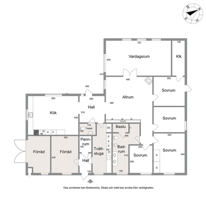 Ritning av en bostadsplan med mått för kök, hall, allrum, bastu och sovrum, lämplig för ljusplanering.