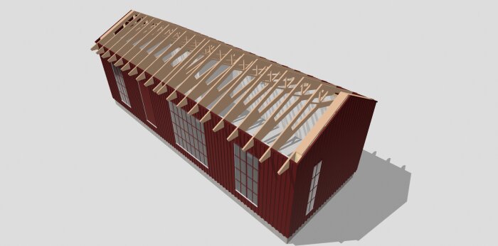 3D-modell av röd byggnad med öppna takstolar under konstruktion.