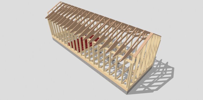 3D-modell av takstolar för byggprojekt med markerade delar.