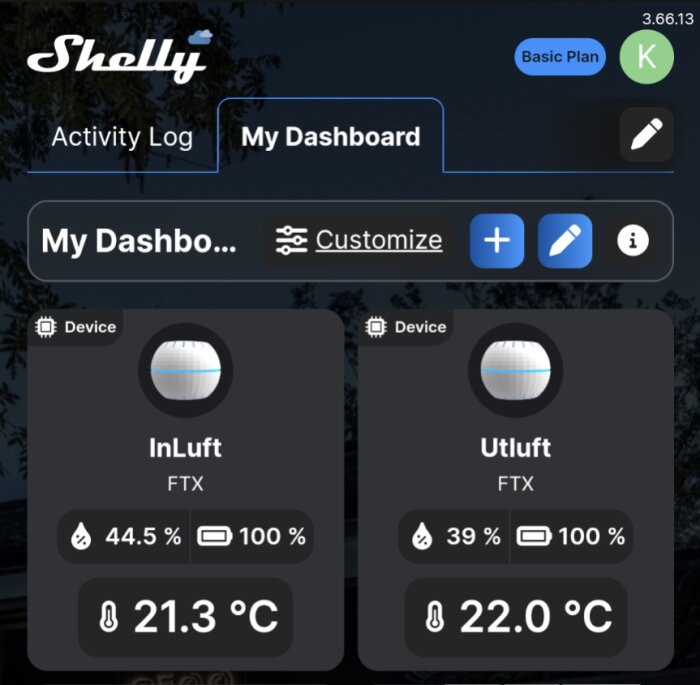 Skärmbild av Shelly-appens dashboard som visar luftfuktighet och temperatur för in- och utluft med FTX-system.