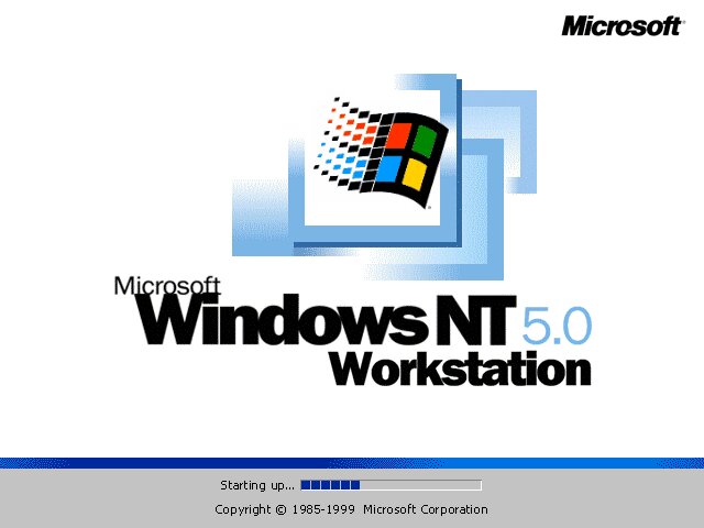 Skärmbild av Microsoft Windows NT 5.0 Workstation startskärm med logotyp och laddningsindikator.