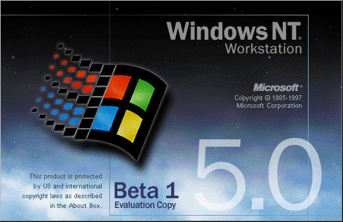 Skärmdump av Windows NT Workstation 5.0 Beta 1, med äldre Windows-logotyp och beteckningen "Evaluation Copy".