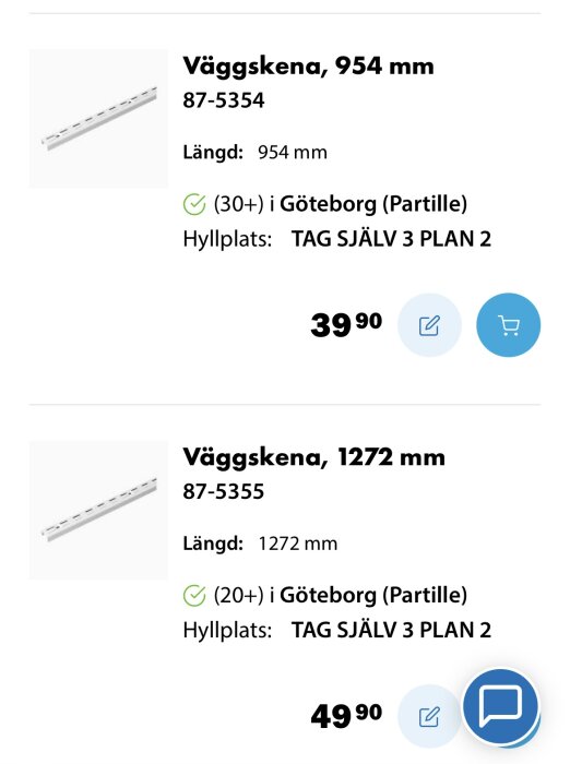 Två olika längder av vit väggskena med pris- och lagerinformation från en butik i Göteborg.