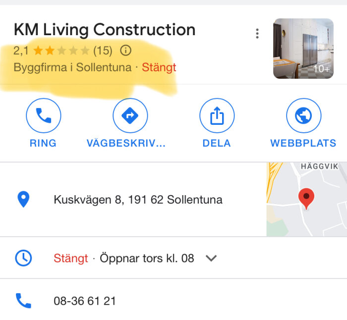 Google Reviews-information om byggfirman KM Living Construction med 2,1 i betyg och indikation på att de är stängda.