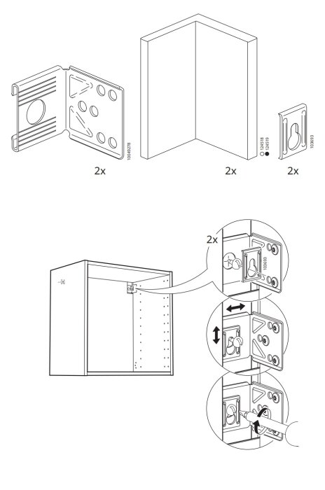 Illustration av justerbara väggbeslag för skåp och hur de monteras för att justera skåpets höjd och vinkel.