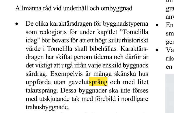 En skärmdump av en text som diskuterar bevarandet av kulturella karaktärsdrag i byggnader utan gavelsprång.