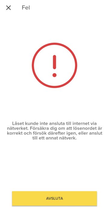 Felmeddelande på skärm: 'Låset kunde inte ansluta till internet via nätverket'.