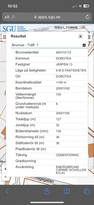 Skärmdump av databas med information om en borrbrunn, inklusive ID, koordinater och tekniska specifikationer.