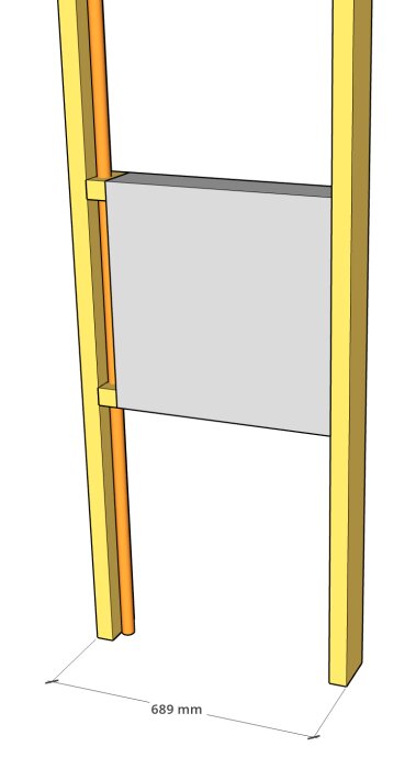 Ritning av en väggsektion med gula reglar, en orange tvärslå och en grå skiva, märkt med måttet 689 mm.