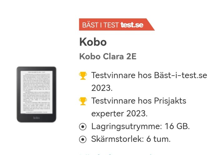 Reklambild för e-läsaren Kobo Clara 2E som visar enheten och text om att den vunnit tester 2023.