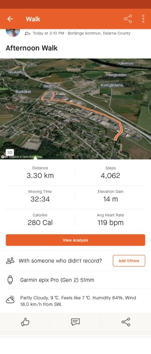 Skärmdump av en aktivitetsapp som visar en karta med GPS-spårning av en 3,30 km promenad i Borlänge kommun, Dalarna.