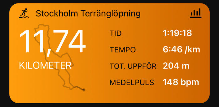 Sportappskärm som visar data från terränglöpning i Stockholm, 11,74 km, tid 1:19:18, tempo 6:46/km, höjdmeter 204, puls 148 bpm.