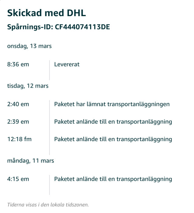 Spårningshistorik för DHL-leverans av utdragslådor som visar snabb leverans från beställning till levererat.