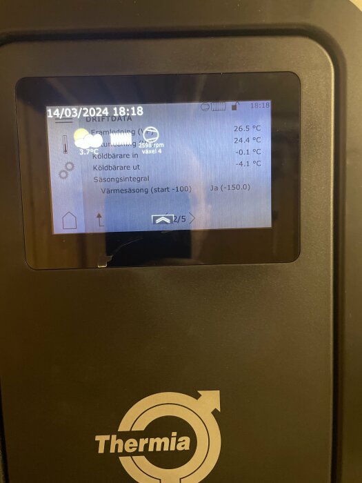 Värmepumpens kontrollpanel visar driftdata med temperaturvärden och status.