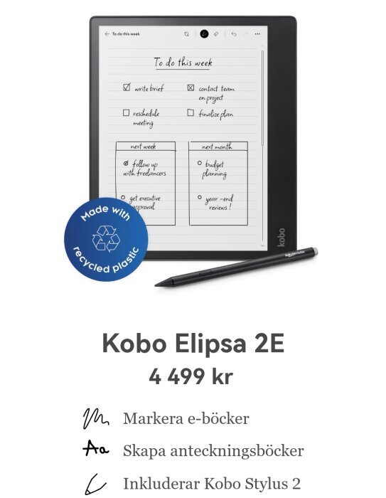 Kobo Elipsa 2E e-läsare och styluspenna med anteckningar på skärmen, priset 4 499 kr, och ikoner för funktioner.