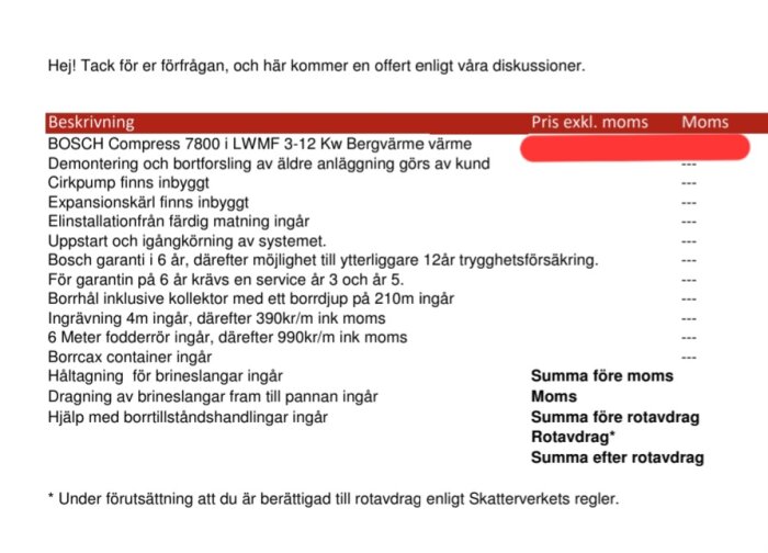 Offertdokument för värmepumpinstallation med beskrivning, priser exklusive moms och ROT-avdrag detaljer.