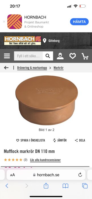 Brun mufflock för markrör DN 110 mm visad i en webbutik från HORNBACK med betyg och recensioner synliga.