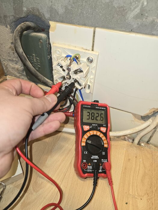 En person mäter spänningen på en eluttag med en multimeter som visar 382.6 volt.