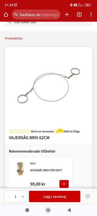 Bild på en vajersåg på en webbshopsida, produktinformation inklusive pris synlig.