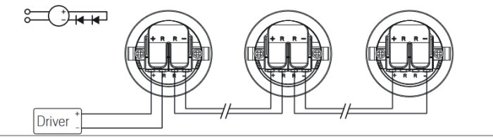 Schematisk bild som visar anslutning av tre spottar i serie till en LED-driver.
