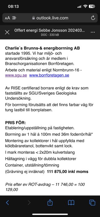 Skärmdump av en offert för brunns- och energiborrning med prisspecifikation och ROT-avdrag.