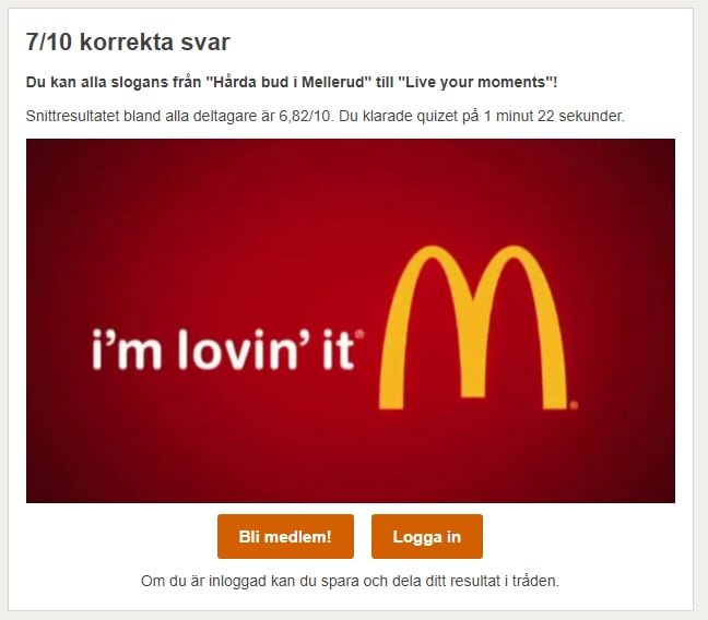 Röd bakgrund med McDonald's logotyp och texten "i'm lovin' it" nedanför som en del av en quizresultat-sida.