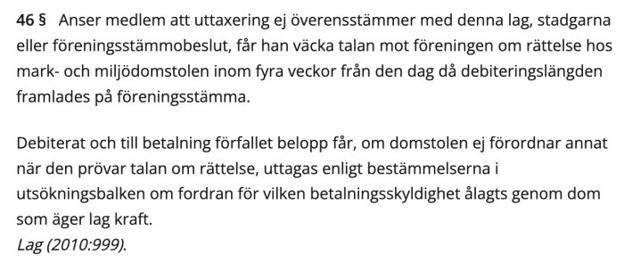 Textutdrag ur samfällighetslagen som beskriver förfarandet för att överklaga föreningens stämmobeslut.