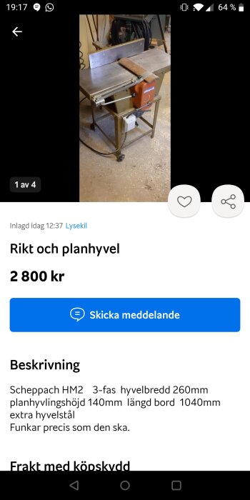 Begagnad Scheppach HM2 rikt och planhyvel i ett verkstadsutrymme, utannonserad för försäljning.