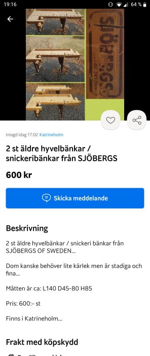 Två äldre trähyvelbänkar från SJÖBERGS utomhus och märkeslogotyp.