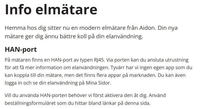 Skärmbild av informationstext om modern elmätare från Aidon med HAN-port för elanvändningsdata.