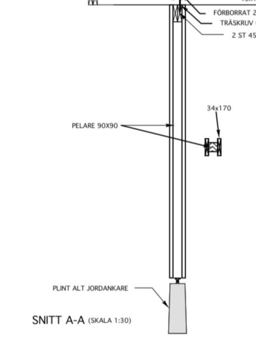 Detaljritning av bärande stolpe, balk och plint i skala 1:30.
