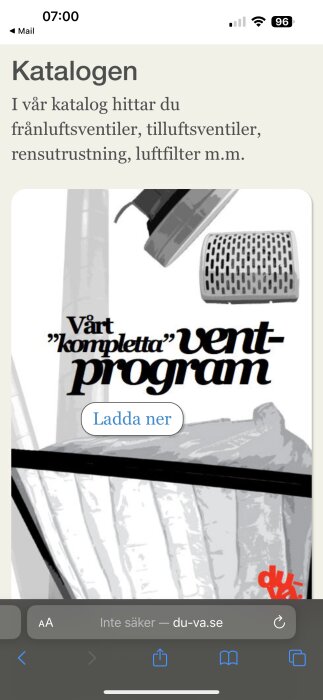 En skärmdump av en mobilwebbsida som visar en produktkatalog för ventilationsprodukter med en nedladdningsknapp.