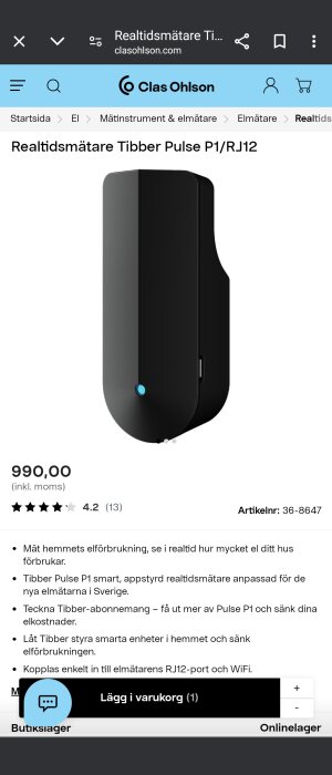 Produktbild av Tibber Pulse P1, en smart elkostnadsmätare för hemmabruk.