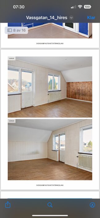 Två inomhusbilder före renovering visande ett tomt sovrum med trägolv, väggar med tapetrester och en träpanelvägg.