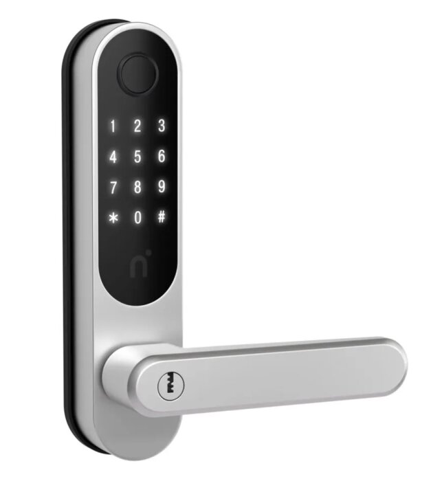 Nimly Touch Pro digitalt lås med kodtangentbord och dörrhandtag på vit bakgrund