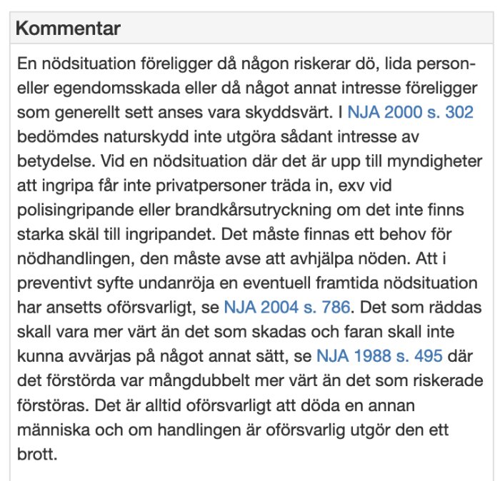 Skärmdump av en kommentar om nödsituationer i lagtext med hänvisningar till rättsfall.