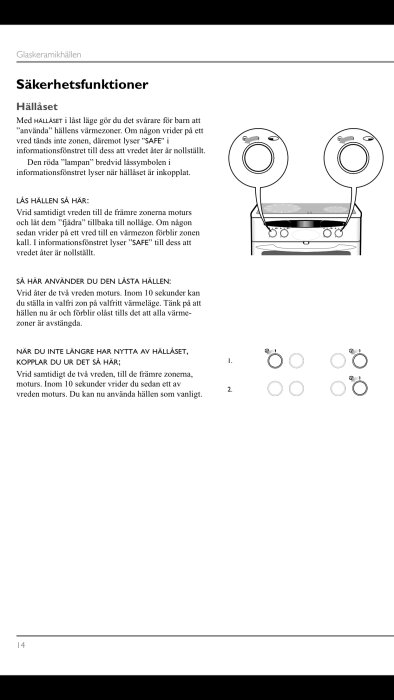 Instruktionsbild för låsfunktion på spishäll med texter om säkerhetsfunktioner och knappinställningar.