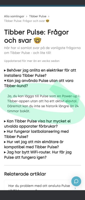 Skärmdump av ett forum med vanliga frågor om Tibber Pulse med betoning på kompatibilitet utan abonnemang.