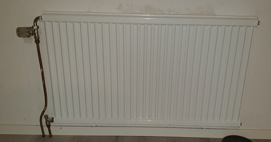 Enkelradig vit radiator med ansluten termostat och kopparrör mot en vit vägg.