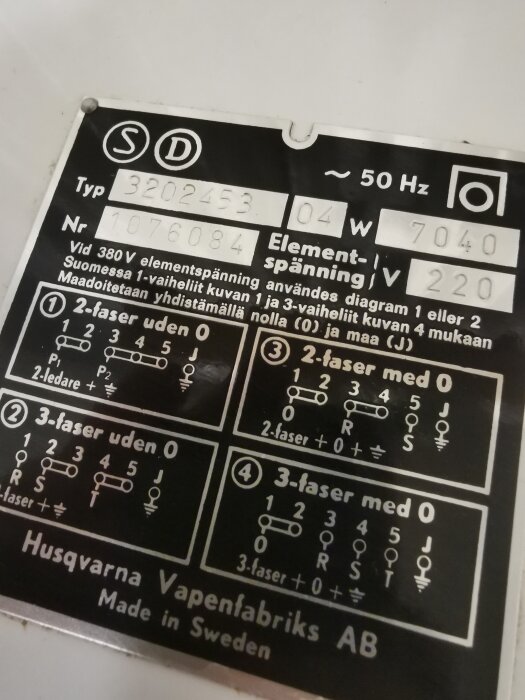 Typskylt på en spis med tekniska specifikationer som elementspänning och serienummer från Husqvarna Vapenfabriks AB.