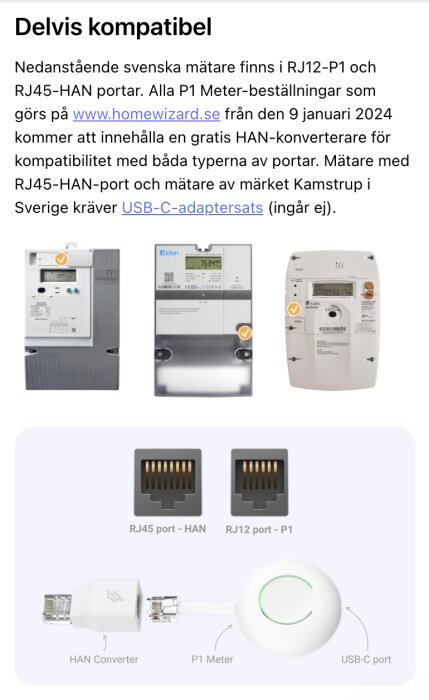 Information om delvis kompatibla energimätare och HAN-konverterare, inklusive bilder på mätare från Kamstrup, Aidon och en illustration av RJ45 och RJ12 portar.