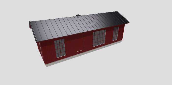 3D-modell av ett hus i rött med svart tak före utskärning för fönster och dörrar.