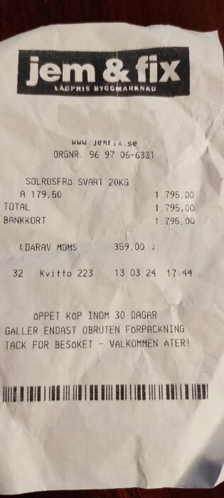 Kvitto på köp av 200 kg solrosfrön från jem & fix med totalpriset 1 795 kronor.